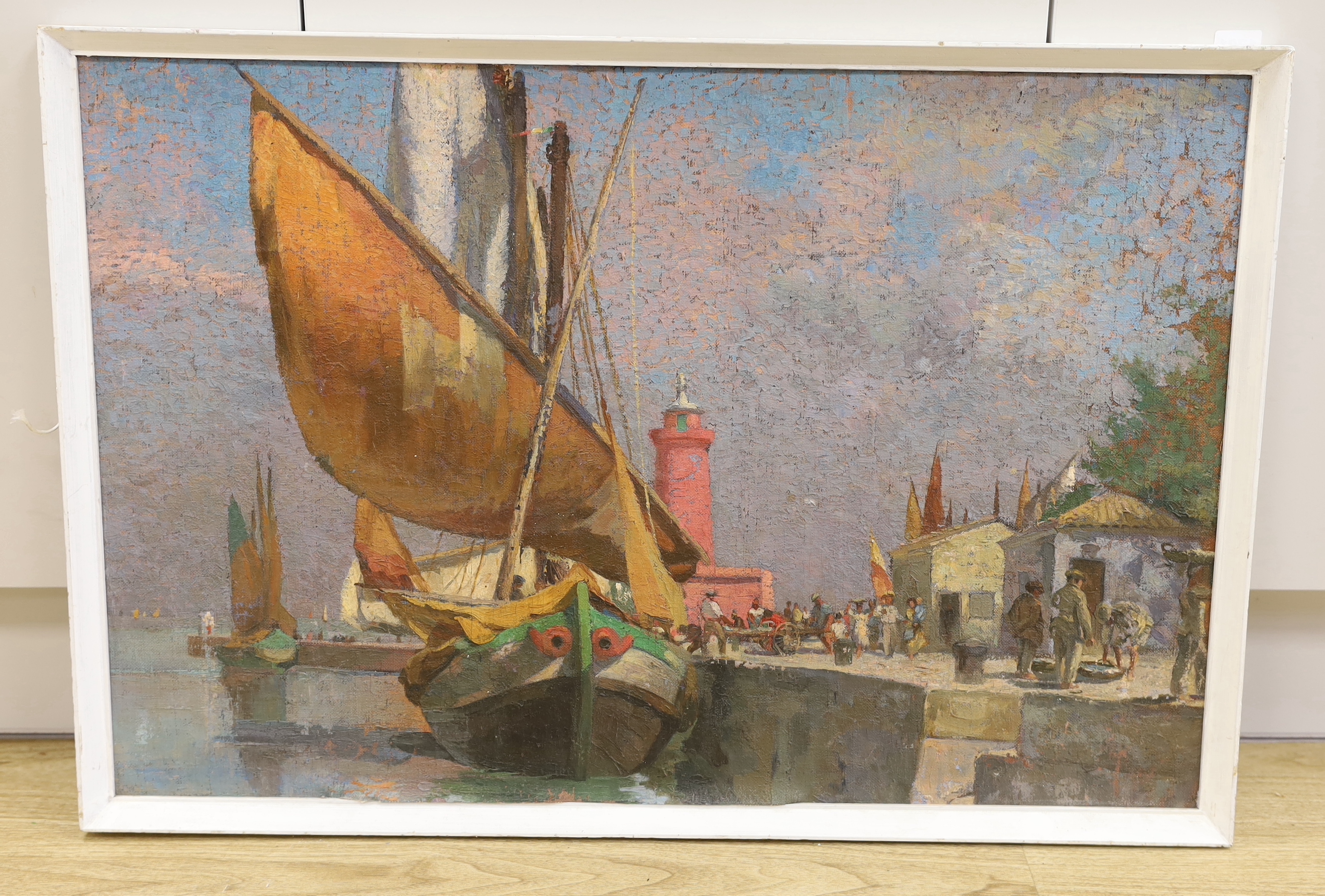Manner of William Lee-Hankey (1869-1952), oil on canvas laid on board, Mediterranean fishing boats in harbour, 53 x 78cm